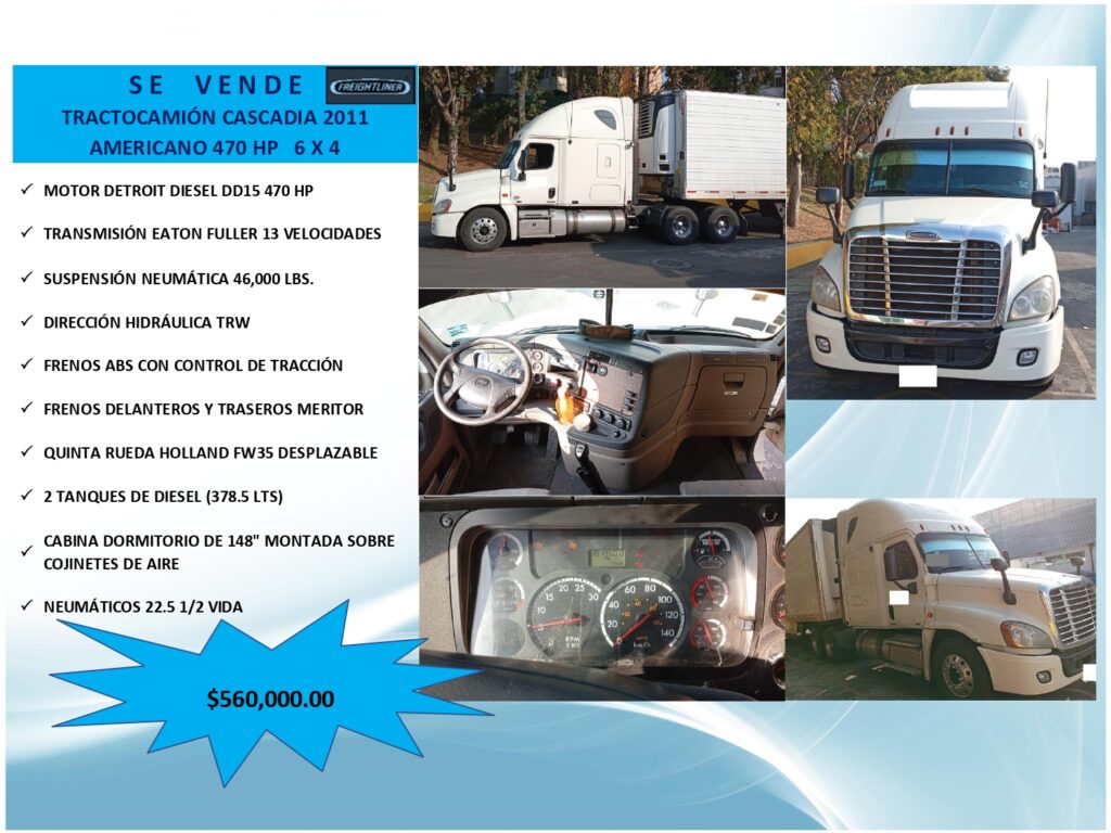SE VENDE TRACTOCAMIÓN CASCADIA 2011 AMERICANO 470 HP   6 X 4
