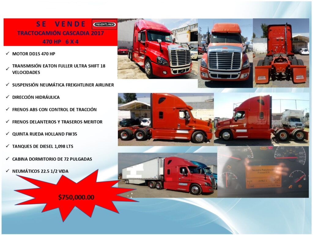 SE VENDE TRACTOCAMIÓN CASCADIA 2017 470 HP 6 X 4