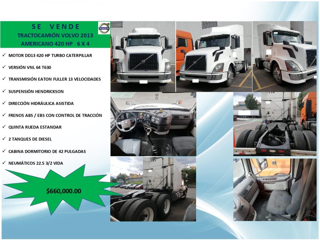 SE VENDE TRACTOCAMIÓN VOLVO 2013 AMERICANO 420 HP 6 X 4